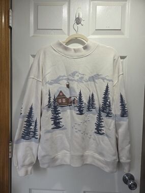 Hollister Cream Sweatshirt with Blue Winter Cabin Print